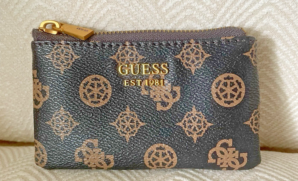 Guess Brown Leather Wallet with Card Slots, Keychain & Zip Closure  