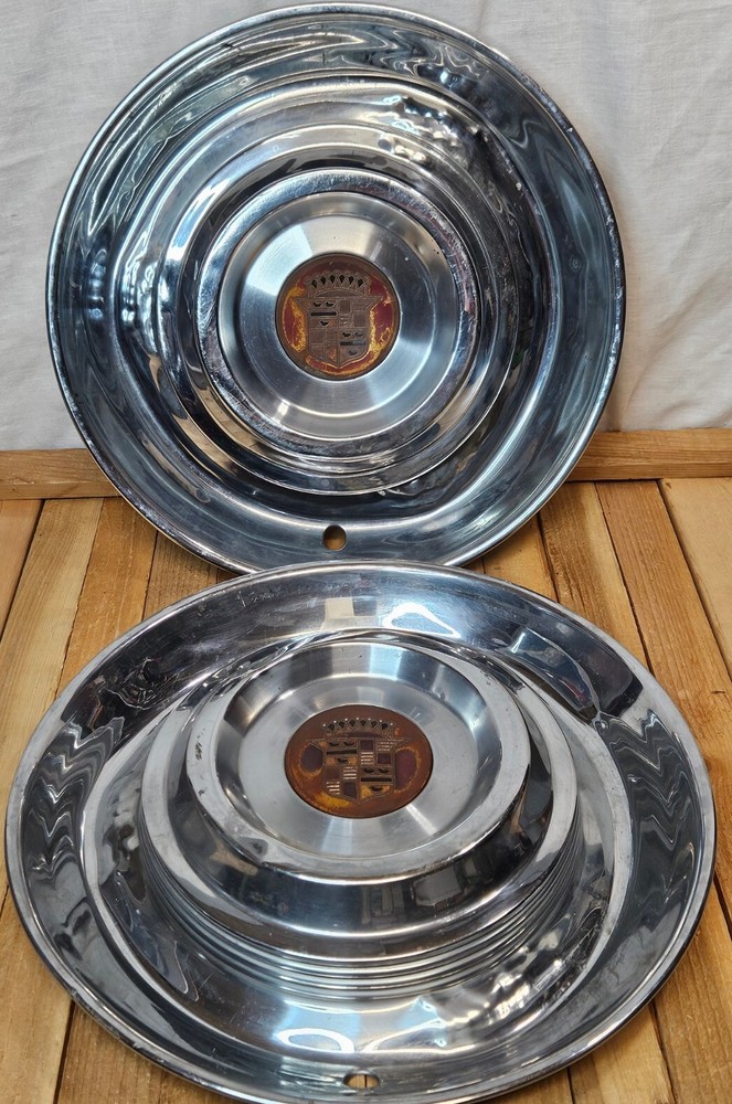 2 1950'S CADILLAC DEVILLE HUBCAPS VINTAGE CLASSIC AMERICAN CAR PARTS CADDY CROWN