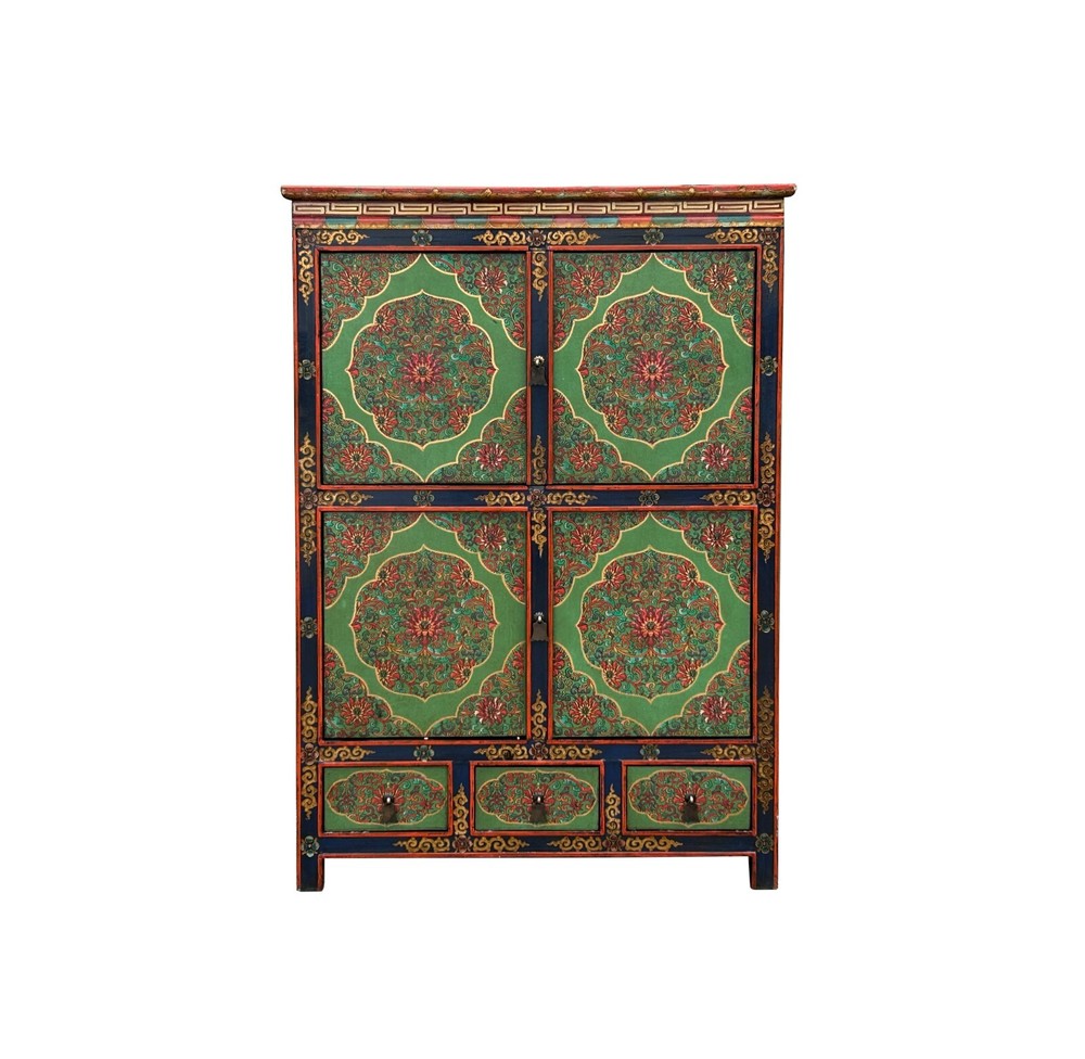 Tibetan Style Lotus Green Geometric Graphic Credenza Storage Cabinet ws4617