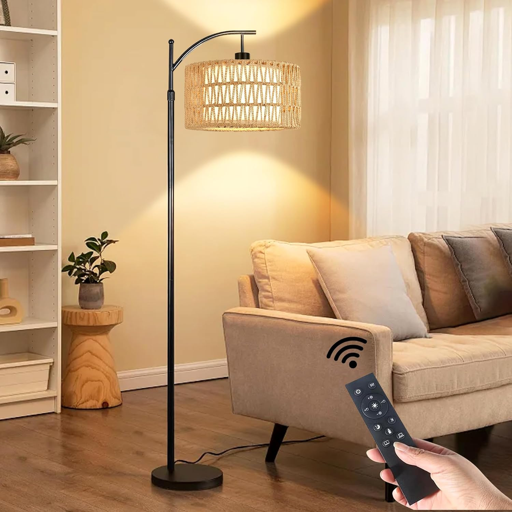 Floor Lamp for Living Room Bedroom with Remote Boho Rattan Arc Standing Lamp Dim