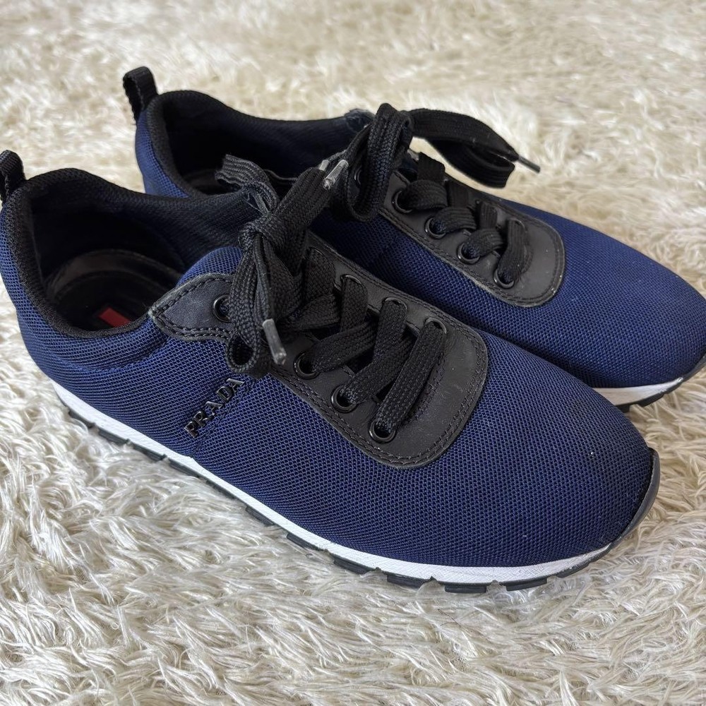 Prada Navy White Mesh Sneakers 24cm Womens Casual Athletic Sports Shoes Used