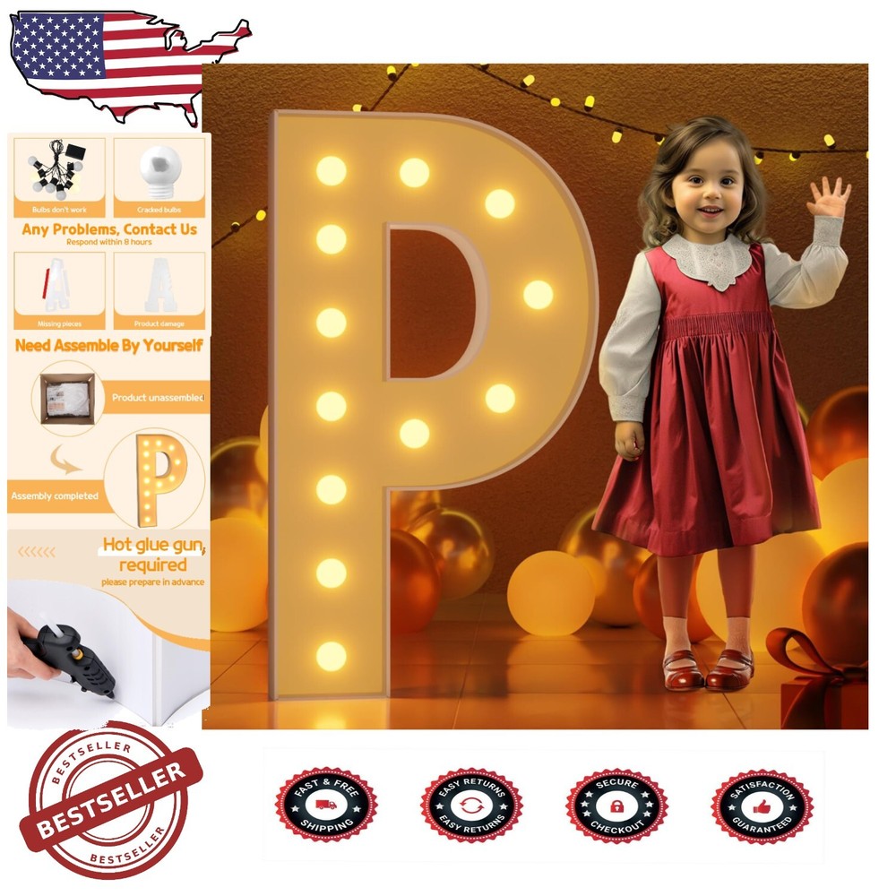 4FT Eye-Catching Marquee Letter P with Light String - Effortless Assembly