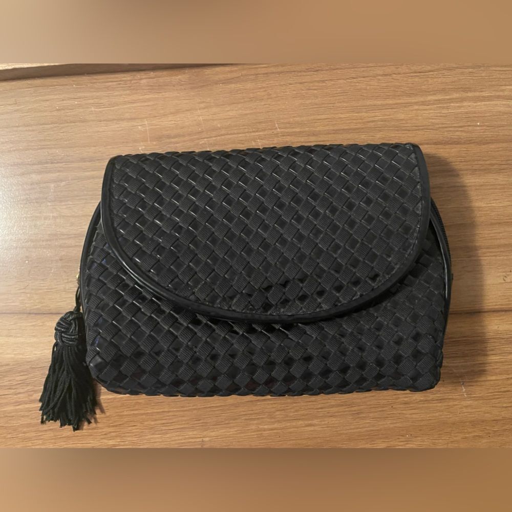 Americana by Sharif Black Woven Cosmetic Bag Clutch Tassel Mirror