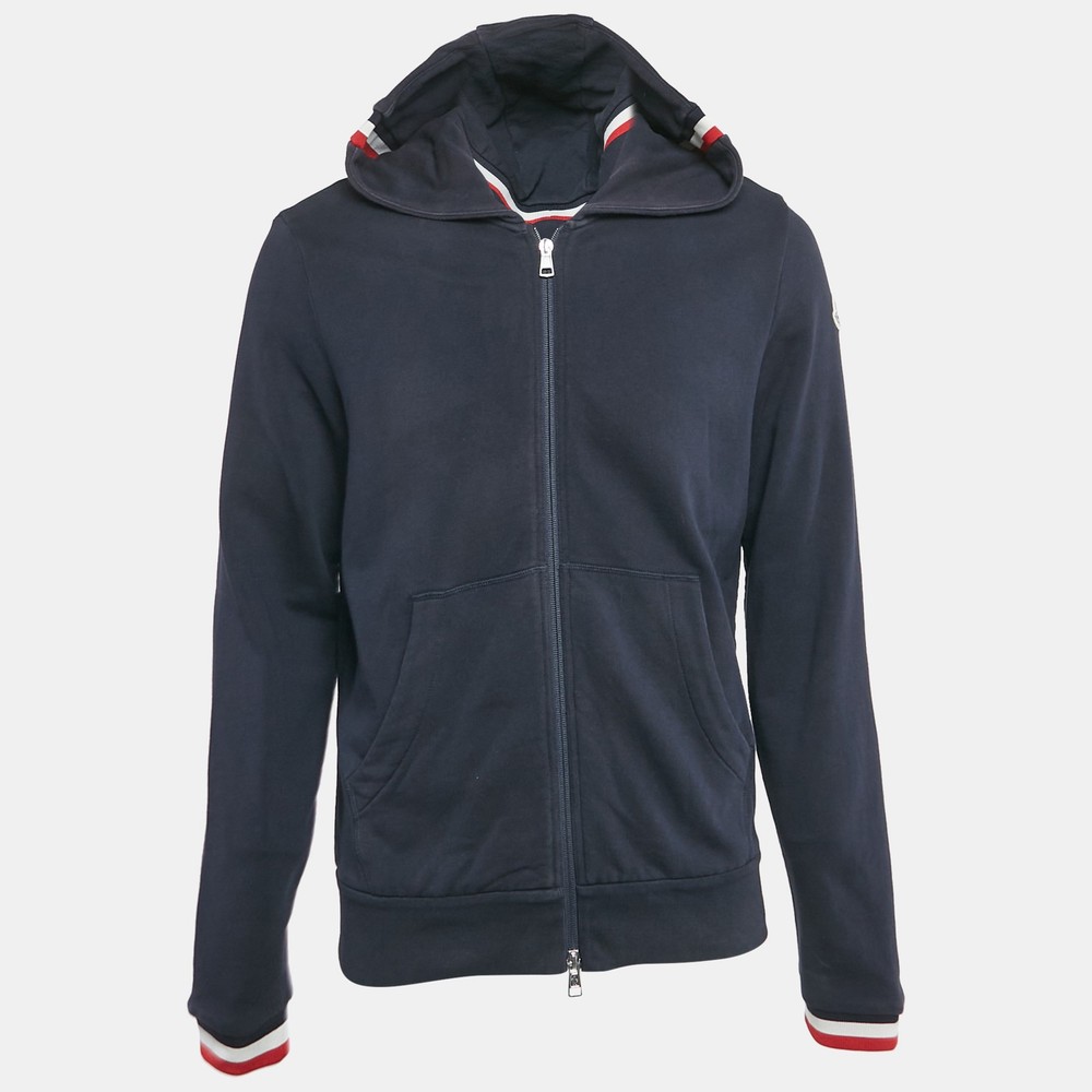 Moncler Navy Blue Cotton Zip Up Hoodie for Men