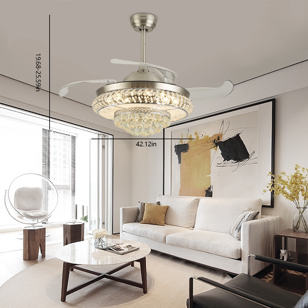 42-Inch Crystal LED Retractable Invisible Fan Light with Remote Control