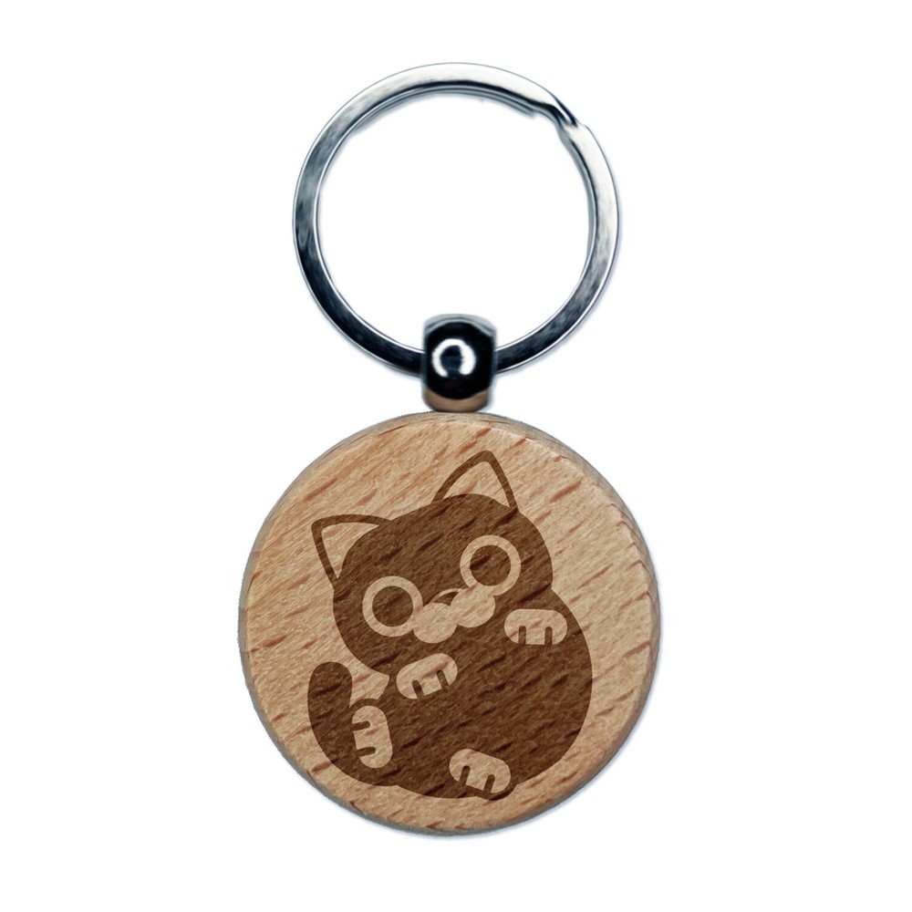 Round Cat Playful Engraved Wood Round Keychain Tag Charm