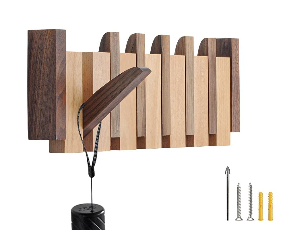 Wood Wall Mount Coat Rack with 6 Flip-Down Magnetic Hooks