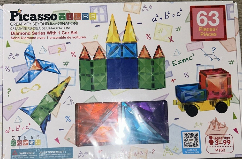 New Picasso Tiles 63 Pieces Diamond Series With 1 Car Set Multicolored Tiles