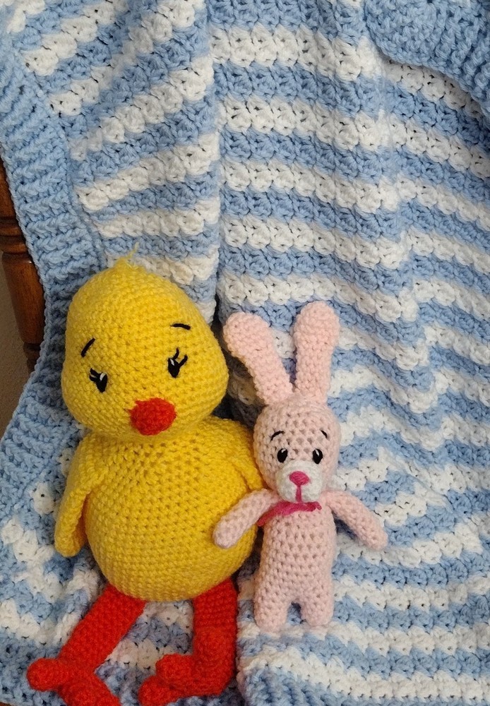 Baby Blanket, Soft Blue and white striped Crochet baby blanket 42L X 42W