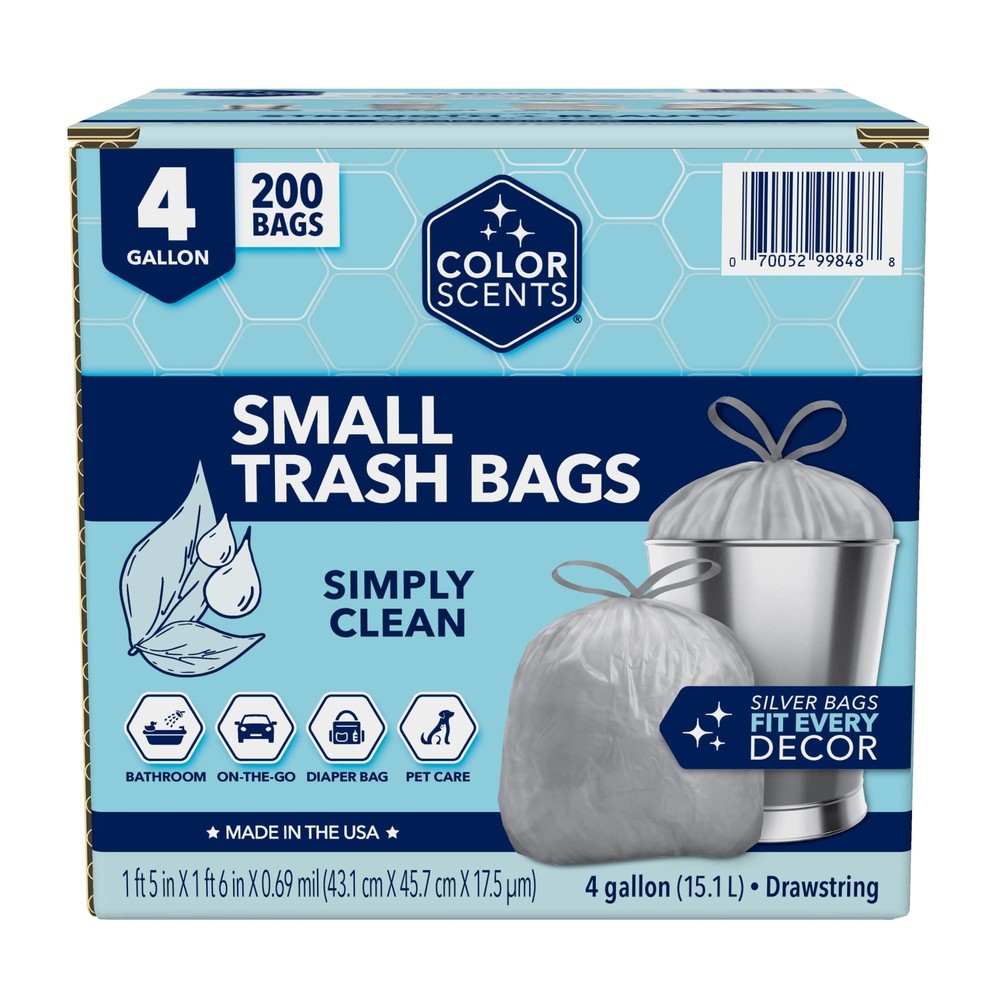 Small Trash Bags - 4 Gallon, 200 Bags (1 Pack of 200 Count), Drawstring - Sil...