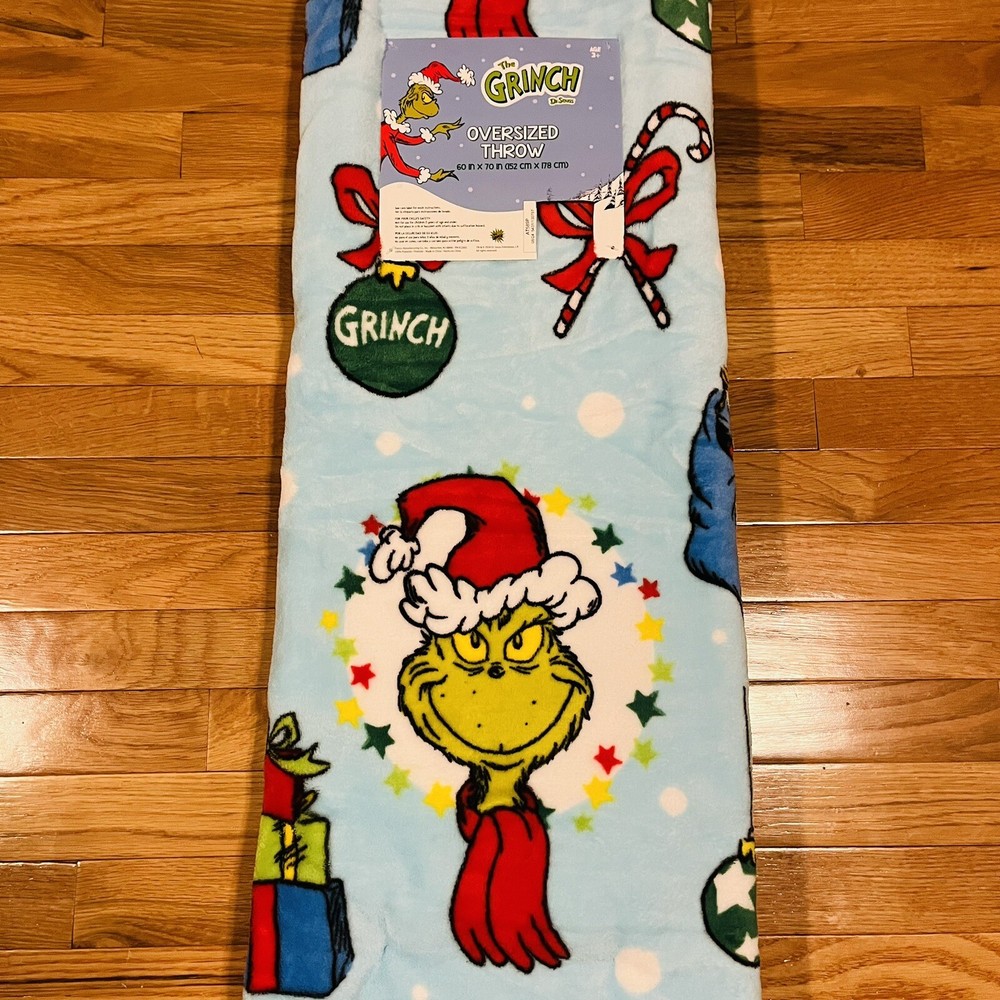 Dr Seuss Grinch Christmas Throw Blanket 60x70 Blue with Candy Canes