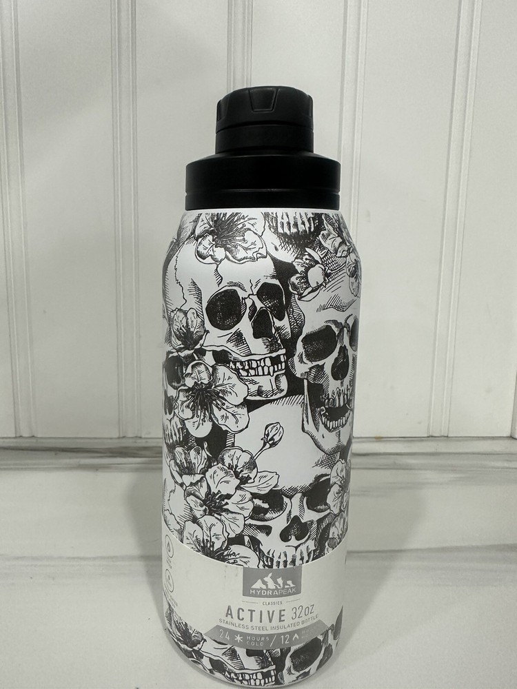 HydraPeak 32oz Insulated Stainless Steel Water Bottle with Skull and Flower Art