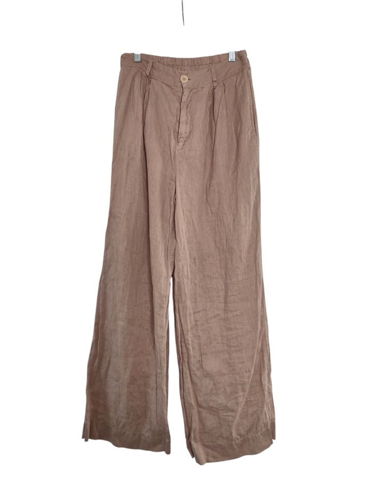 Stateside Women's 100% Linen Wide Leg Pants High Rise Lined Tan Inseam 28.5 S