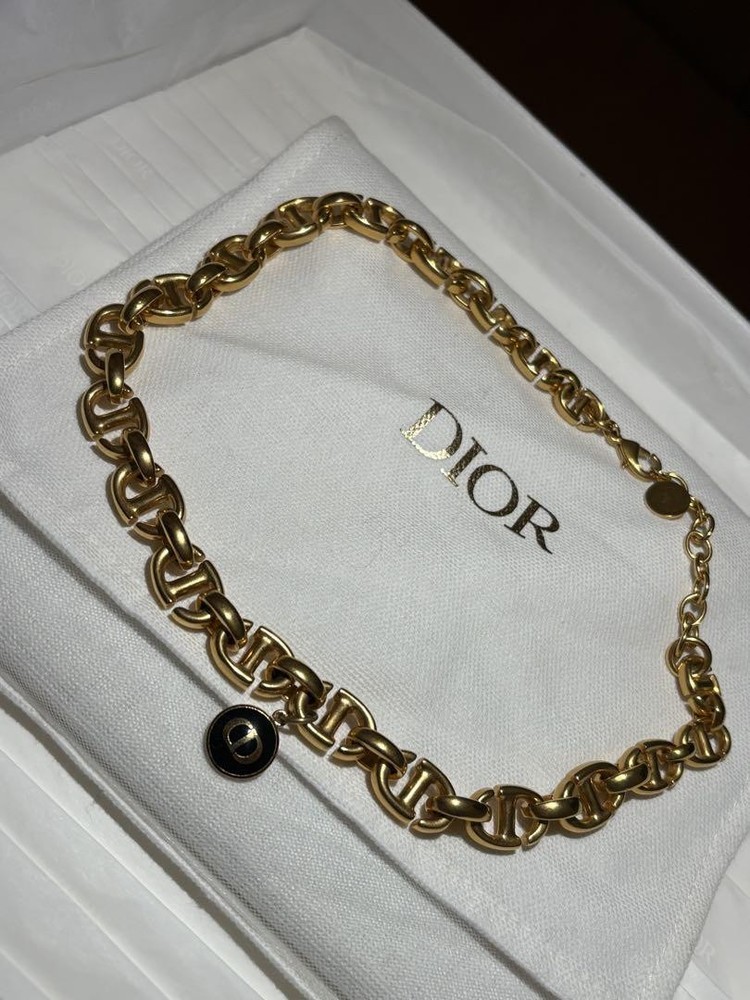 Christian Dior Cd Navy Leather Gold Chain Necklace