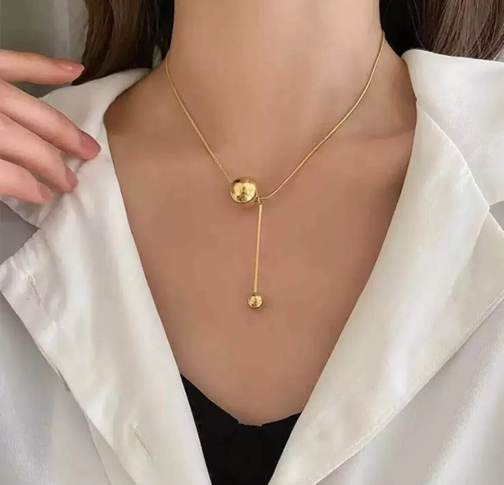 18K Gold-Plated Stainless Steel Double-Bead & Tassel Necklace for Women