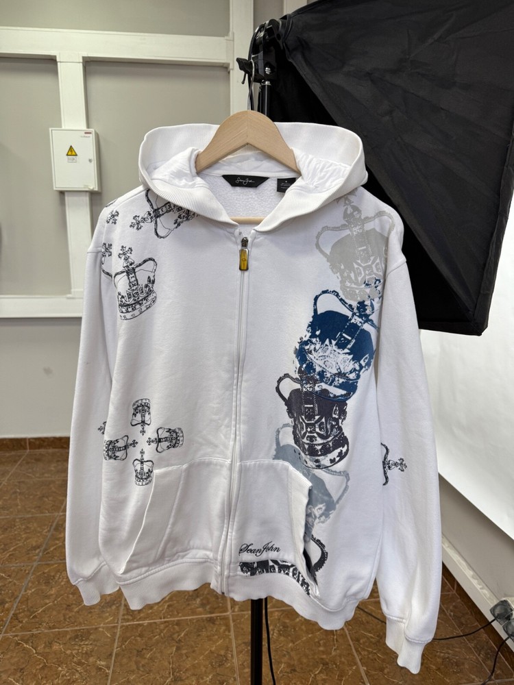 Vintage Sean John Y2K Crown Rap Zip Hoodie Retro White Size M Rare