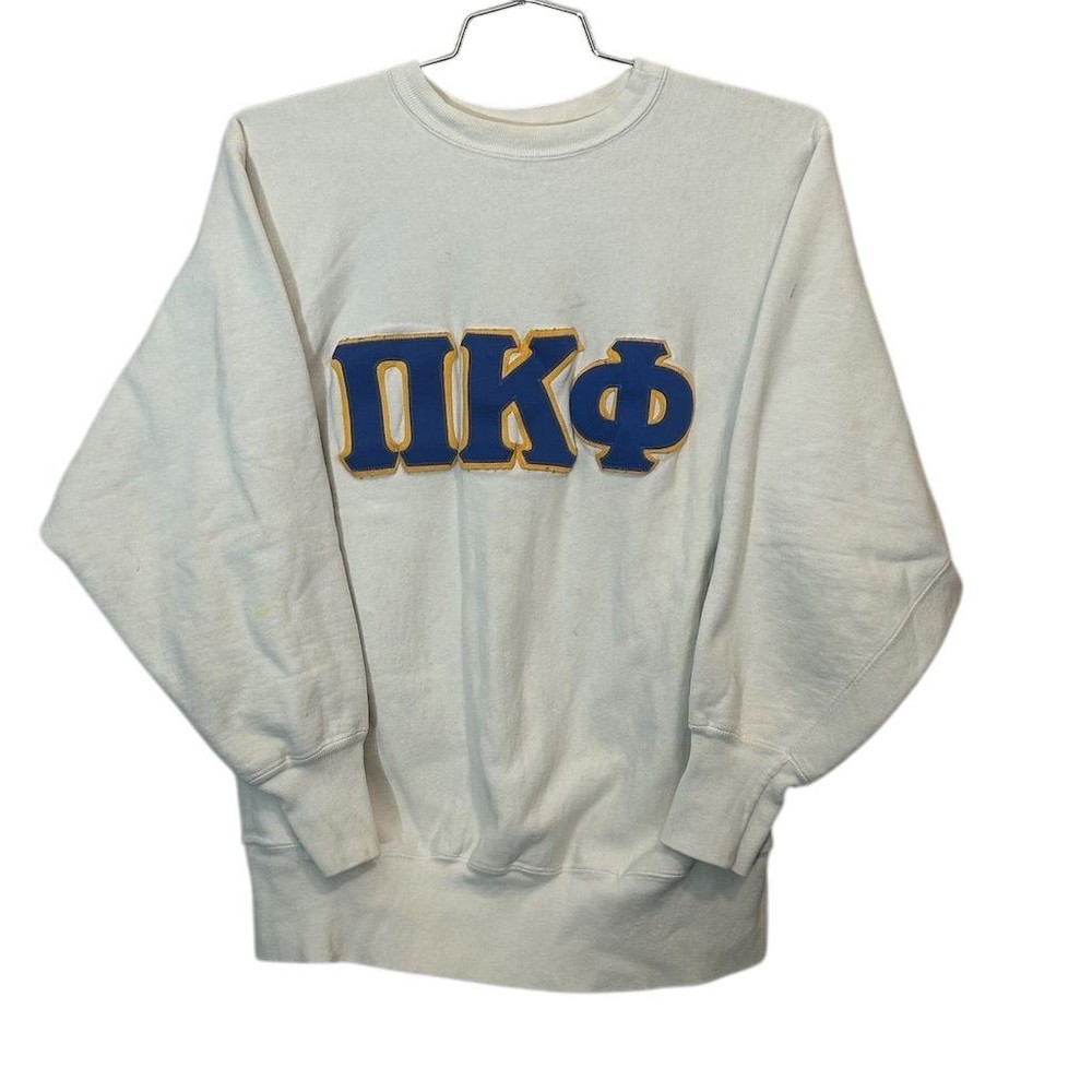 Vtg Champion Reverse Weave Pi Kappa Phi Crewneck Sweater Large White Pullover 80