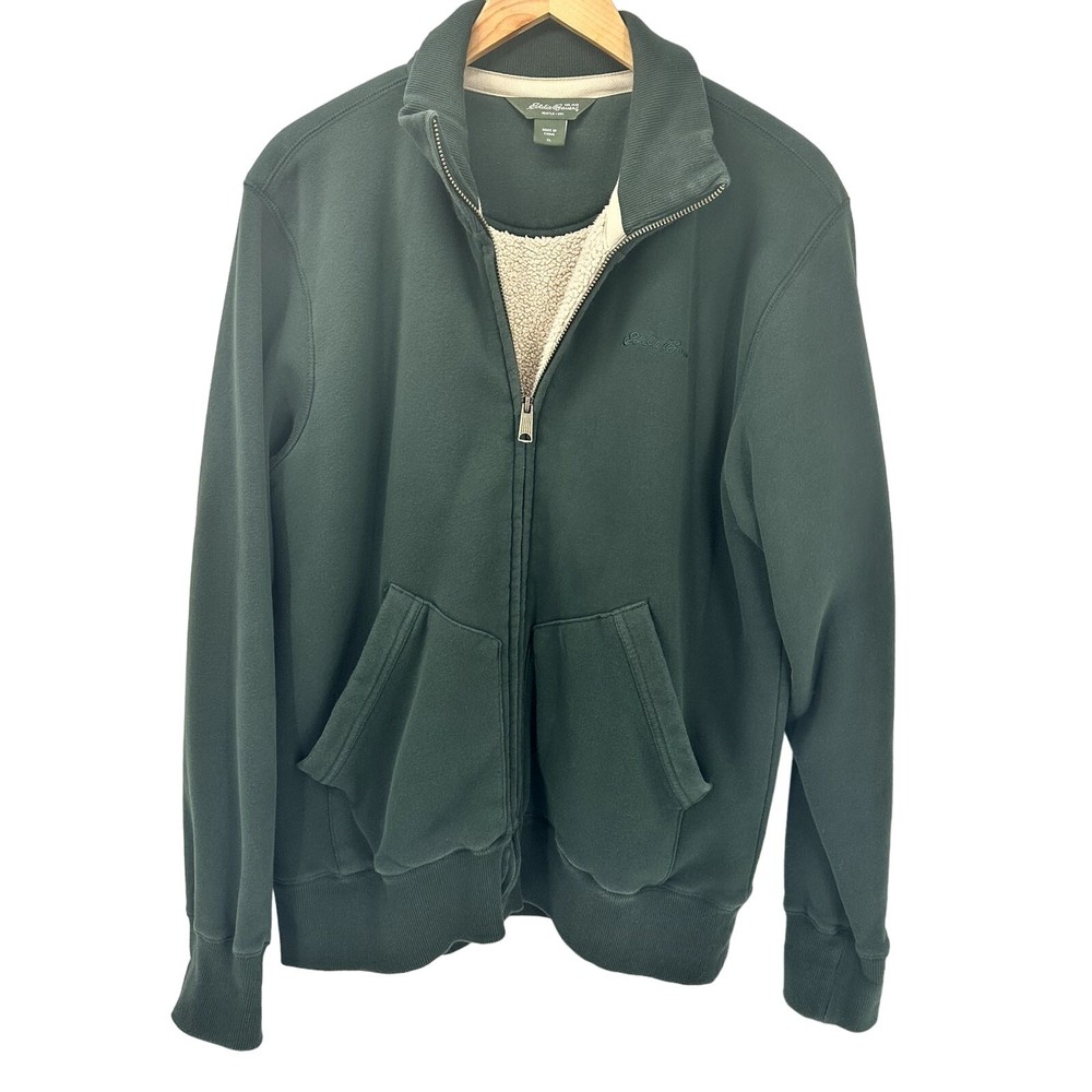 Eddie Bauer Jacket Mens XL Sherpa Lined Full Zip Green Comfy Outdoors + Pockets