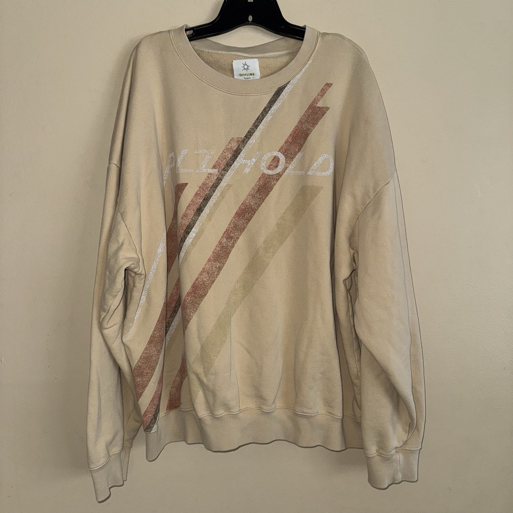 Aerie Offline Beige Neutral “PLZ HOLD” Graphic Oversized Sweatshirt Size XXL