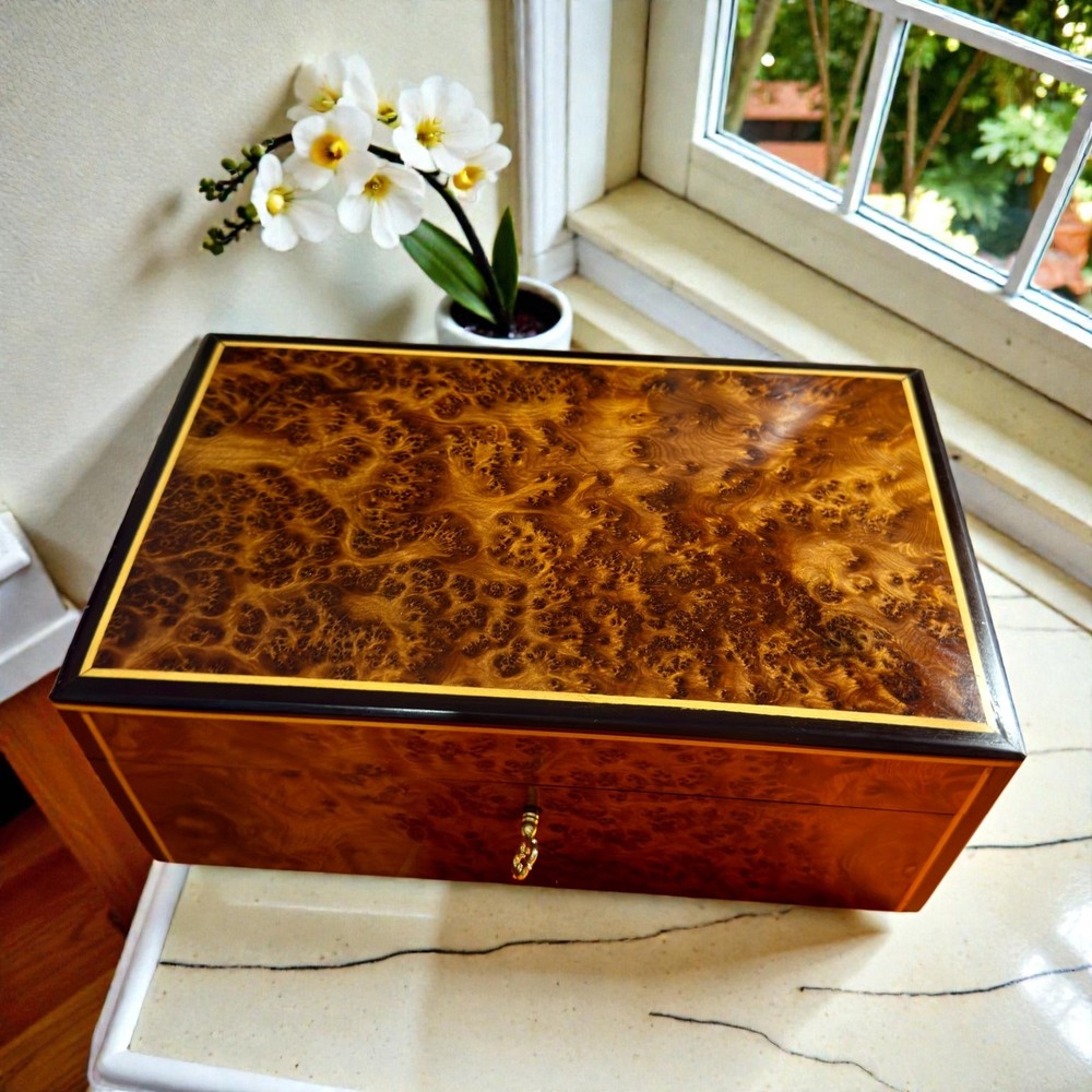 Large Lockable Thuya Wood Jewelry Box Moroccan Handmade Lemon Wood Organizer