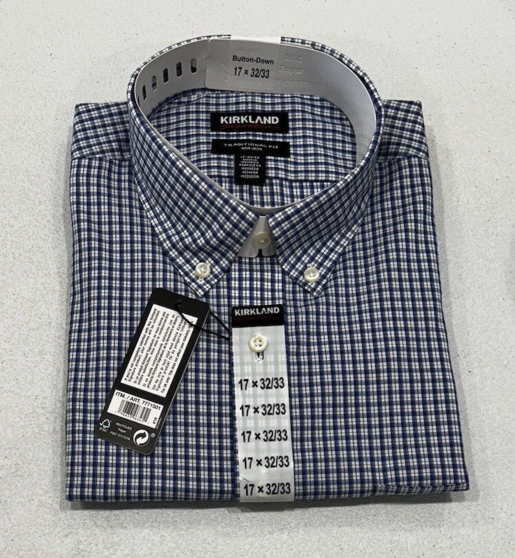 Kirkland Signature Men's Traditional Fit Dress Shirt, Blue Plaid, Size 17-32/33