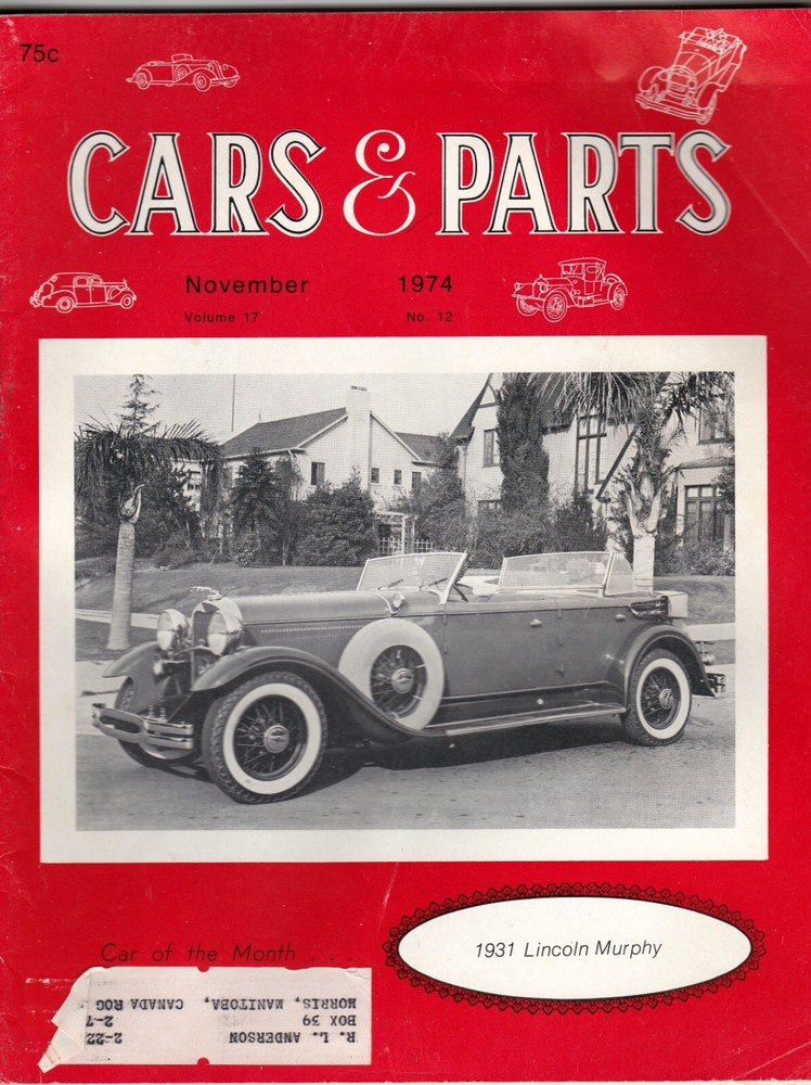 Cars & Parts Magazine November 1974 Cover: 1931 Lincoln Murphy wkc4