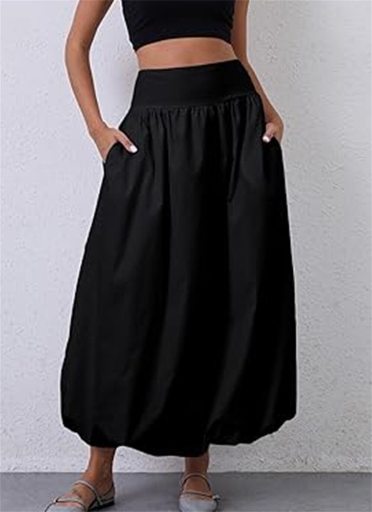 Women's A-Line Bubble Maxi Skirt Pleated Balloon Midi Long Skirt