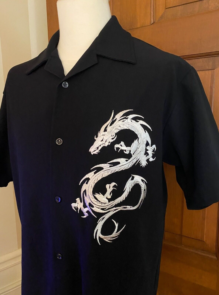 Dancing Dragon Retro Havana Shirt Men XL Black Short Sleeve Button Up 90s YOTD