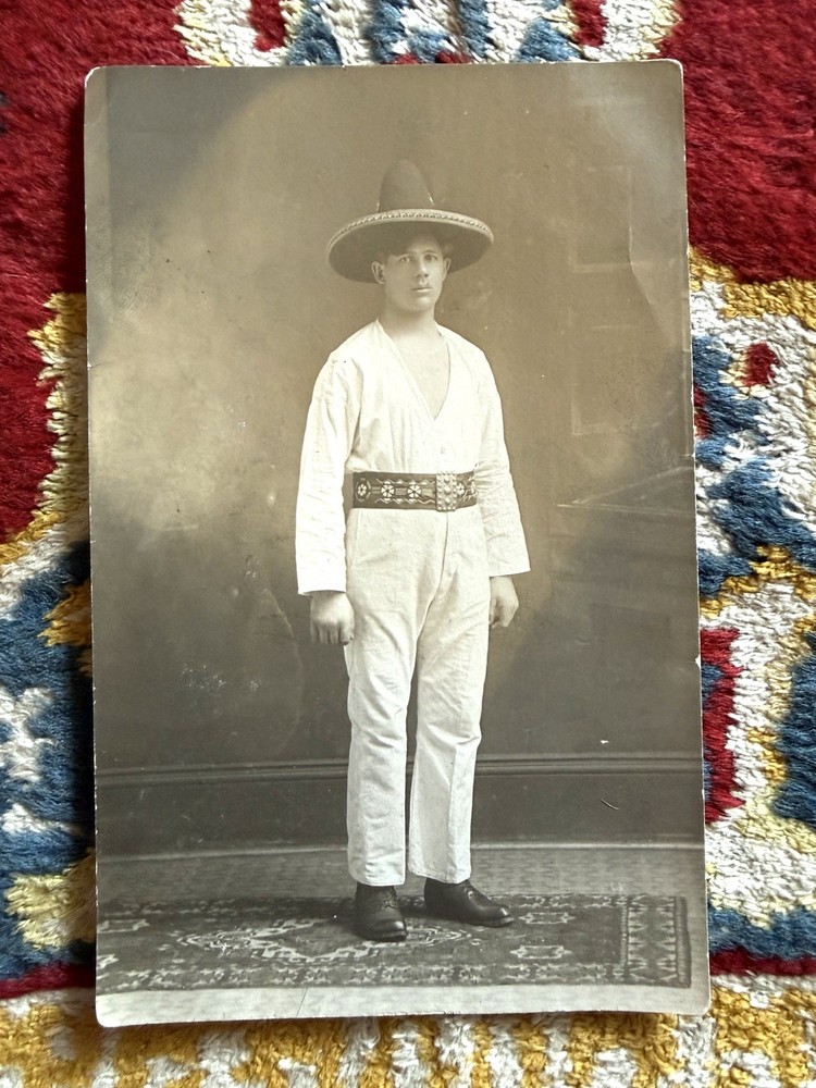 Antique 1910s man in Sombrero hat RPPC sepia photo  postcard