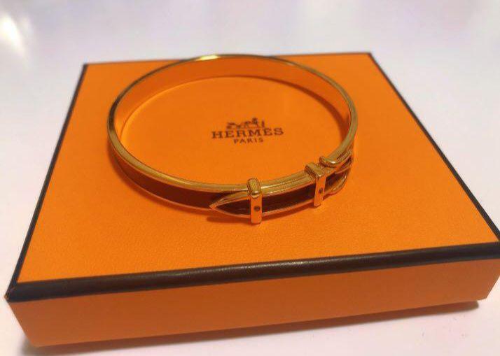 HERMES Brown Gold Bangle Belt Bracelet 0.24in Wide 7.48in Wrist with Box