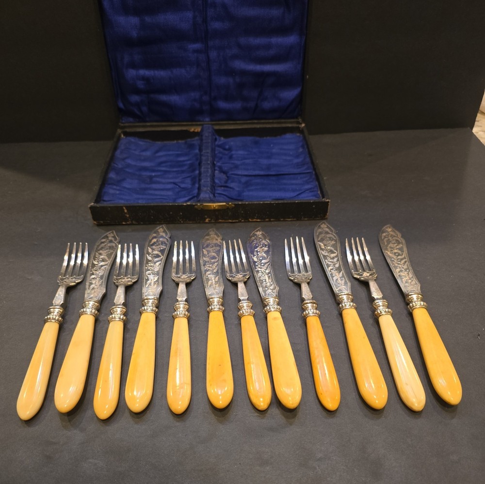 Set 6 Antique Sheffield?(NOT SURE )England Atkins Brothers Fish Knife & Fork (19