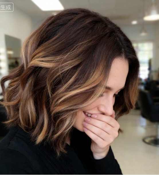 Brown Highlight Short 13x4 Lace Front Human Hair Wig for Women Daily