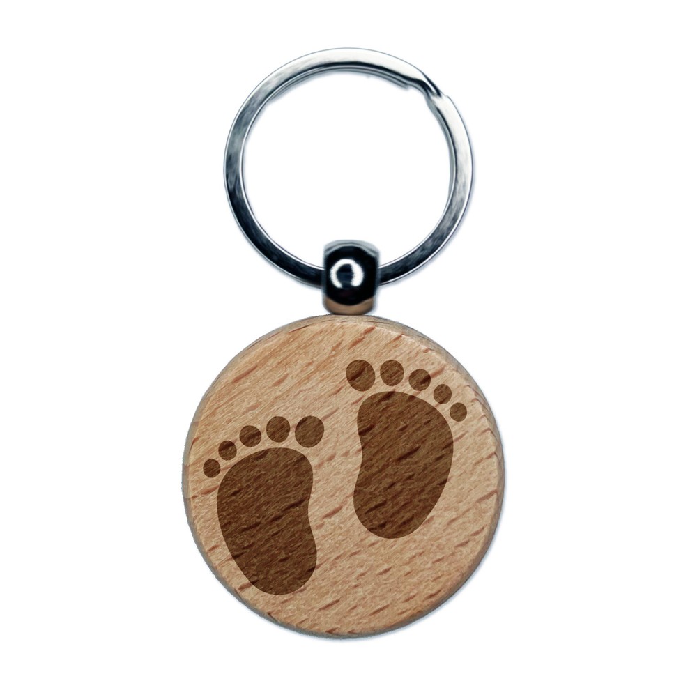 Baby Footprints Engraved Wood Round Keychain Tag Charm