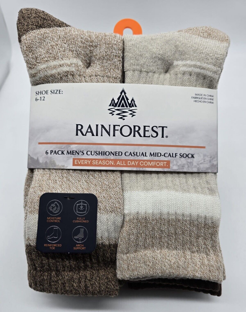 Rainforest 6-Pair Men'sCushioned Casual Outdoor Mid-Calf Socks Size 6-12,