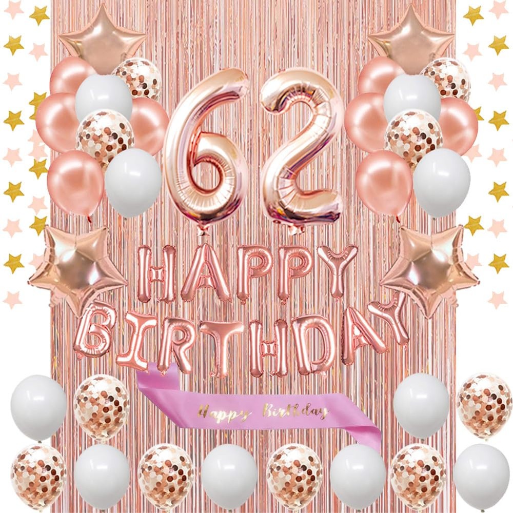 Fancypartyshop 62nd Birthday Decorations - Rose Gold Happy Birthday Banner an...