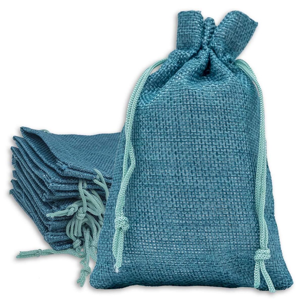 12-Pack Large Teal Blue 8x10 Natural Burlap Drawstring Gift Bags for Parties
