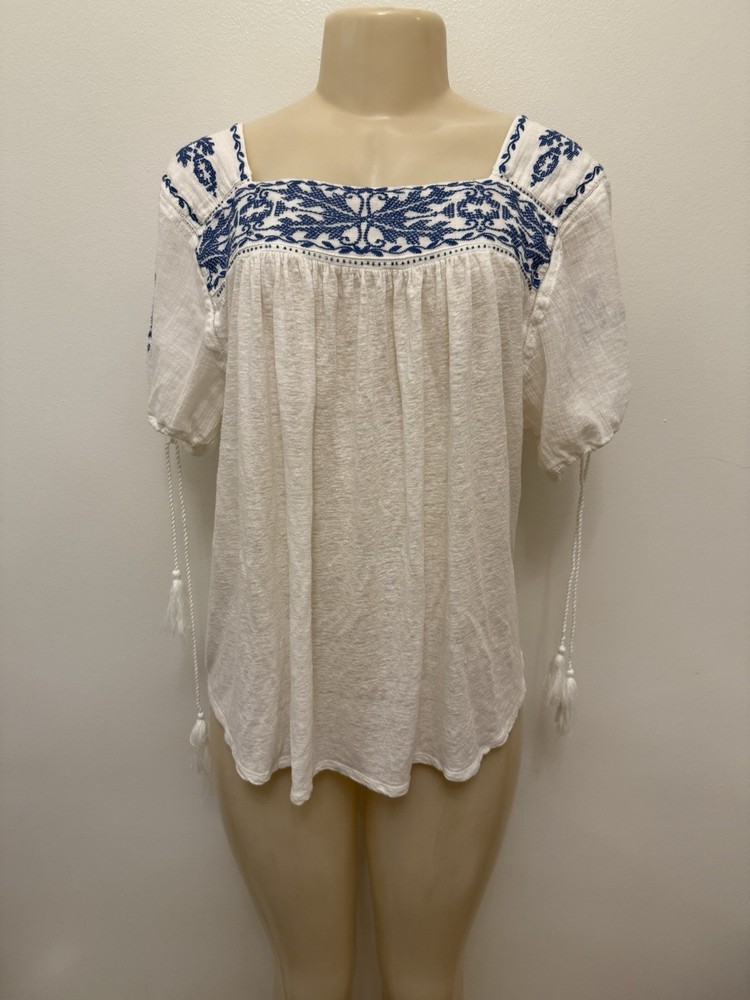 Lucky Brand White Blue embroidered Boho peasant blouse XL tassels Lightweight