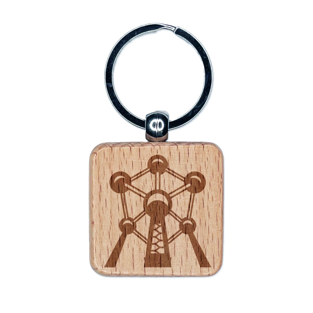Atomium Museum Brussels Belgium Engraved Wood Square Keychain Tag Charm