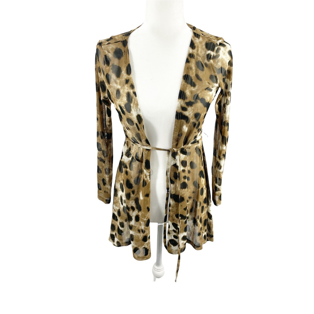 Nak Classic Womens Open Front Jacket Top Brown Leopard Long Sleeve Tie Belt XS