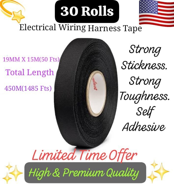 30 Roll 15M X 19MM Electrical Wiring Harness Cloth Tape SUV Car Auto Vinyl 3M