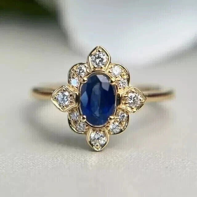 4.50Ct Oval Cut Natural Sapphire & Diamond Solid 14K Yellow Gold Engagement Ring