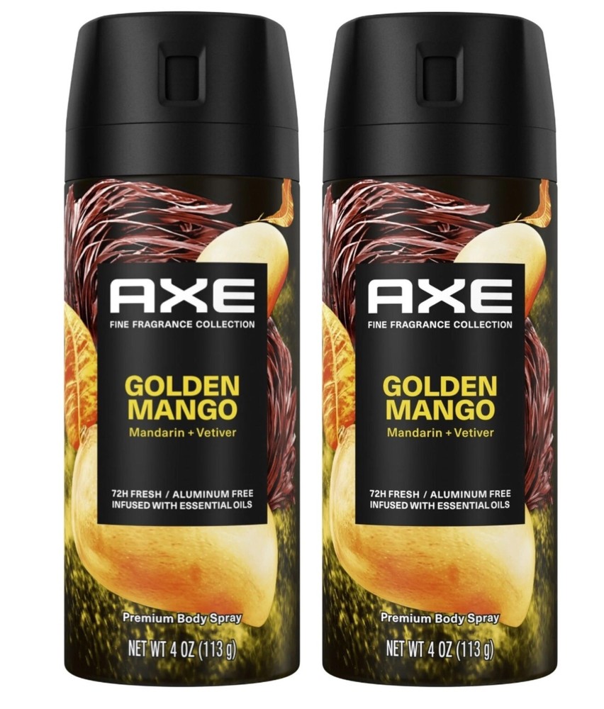 2 Pack Axe Fine Fragrance Premium Men’s Deodorant Body Spray Golden Mango, 4 oz