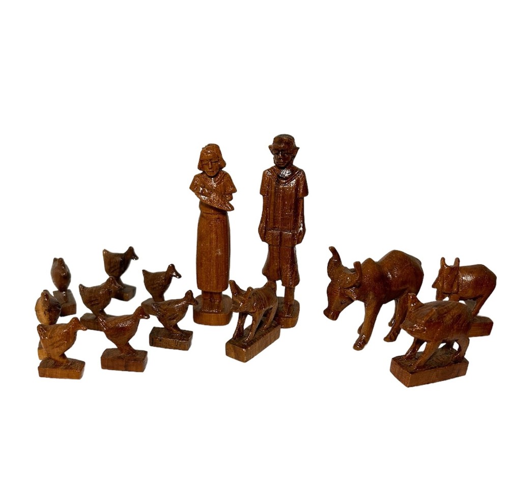 Hand-carved Waldorf mini wooden farm animal figurines – 14-piece set