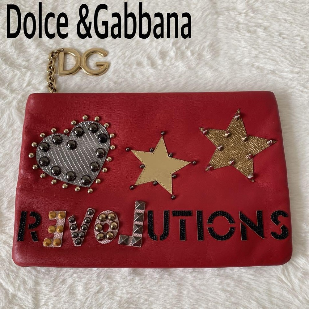 DOLCE&GABBANA Red Leather Studded Unisex Zip Clutch Bag Pre-Owned