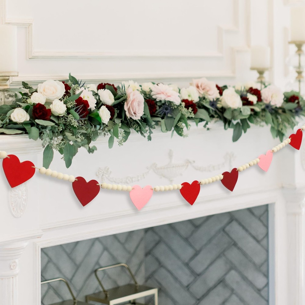 Valentines Day Decorations, Wood Bead Garland with Felt Hearts for Valentine ...