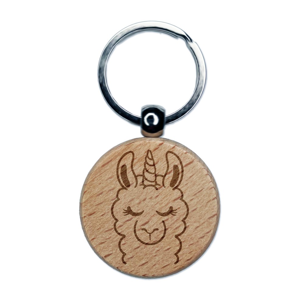 Lovely Llamacorn Llama Unicorn Engraved Wood Round Keychain Tag Charm