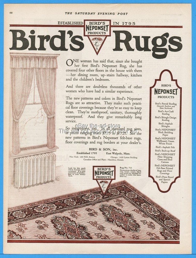 1922 Bird Son Rug East Walpole MA Vintage Flooring 1920s Living Room Neponset Ad