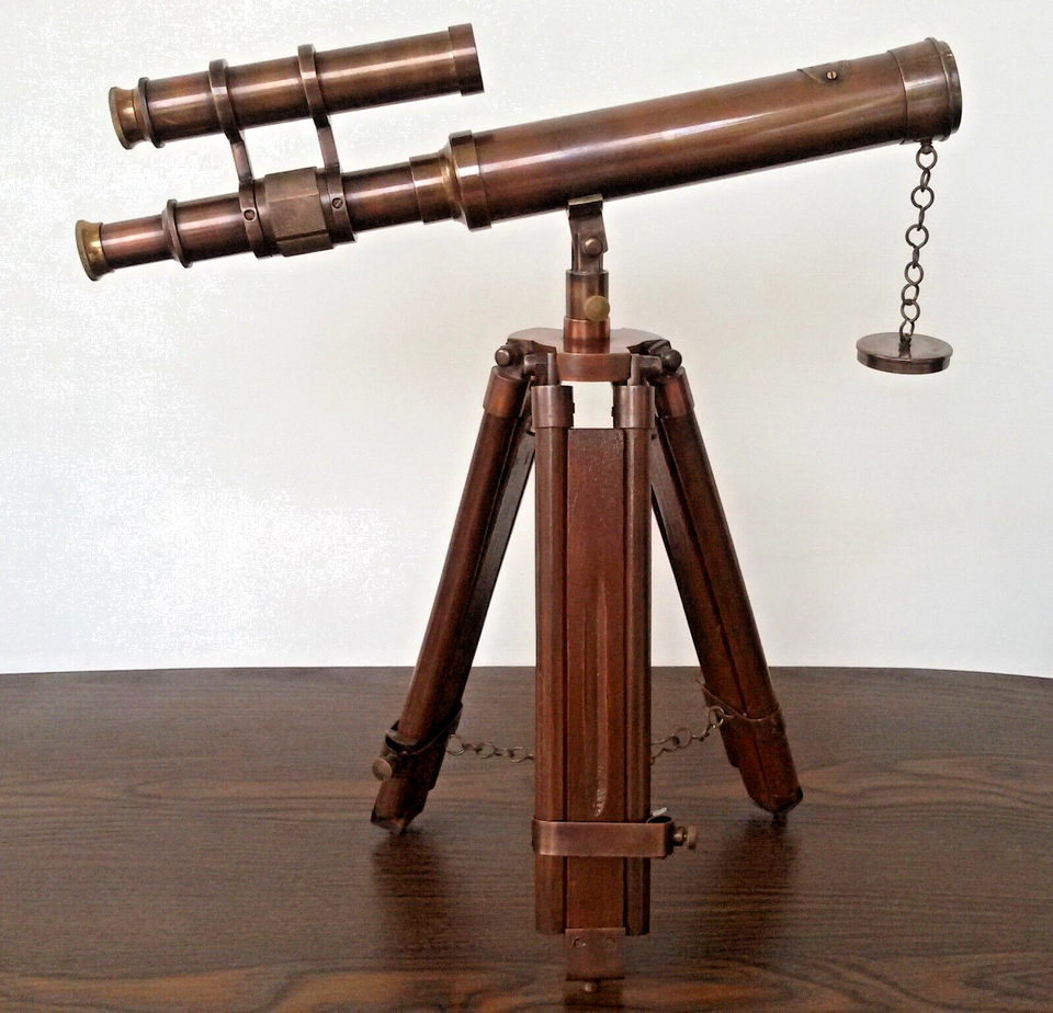 10-Inch Solid Brass Standing Telescope with Wooden Spyglass Double Barrel