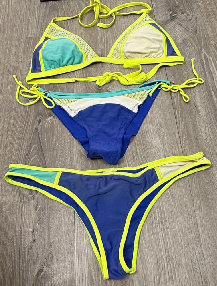 Body Glove String Bikini Cheeky Bottoms Triangle Top Small Blue Neon Swim Set 3