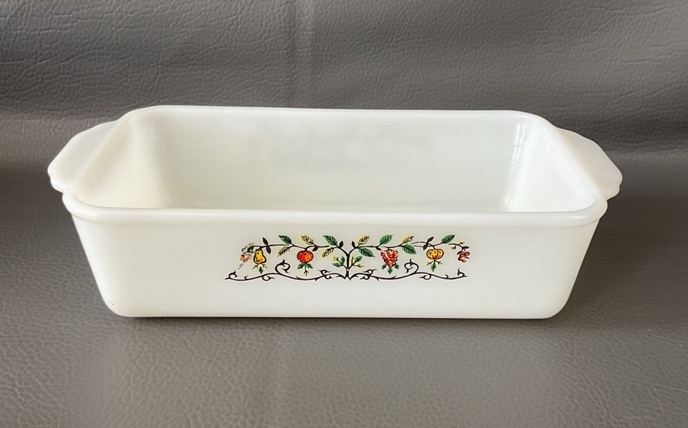 Vintage Anchor Hocking Fire King 1 Qt Loaf Pan Baking Dish Fruit Harvest Pattern